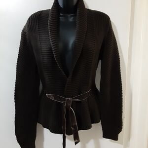 Lauren/ Ralph Lauren Dark Brown Knit Cardigan w/Velvet Tie Belt Petite Medium